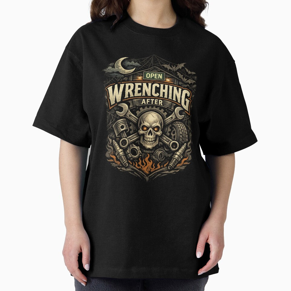 Wrenching After Dark Halloween Mechanic Skull Vintage Garage Design by BankshopTH