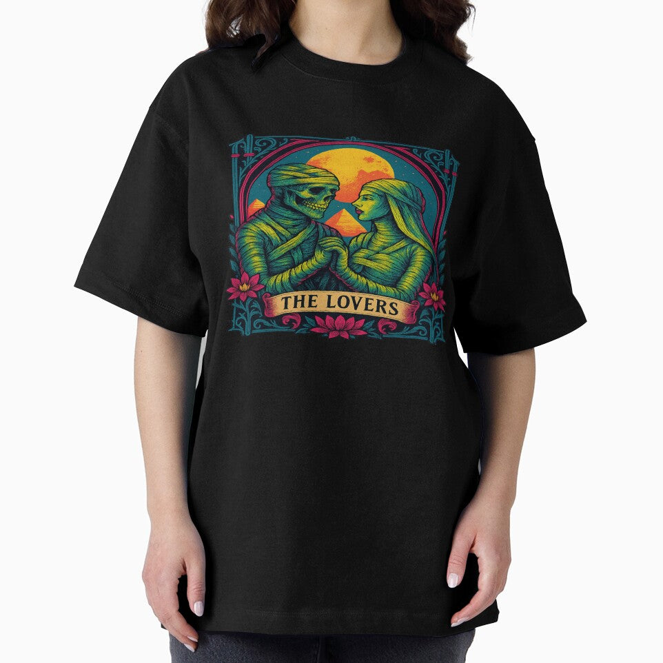 The Lovers Tarot Card – Gothic Mummy Couple Horror, Occult Egypt Graphic, Vintage Halloween Romance Gift by POD DYNASTY | Original Print On Demand T-Shirt Graphics