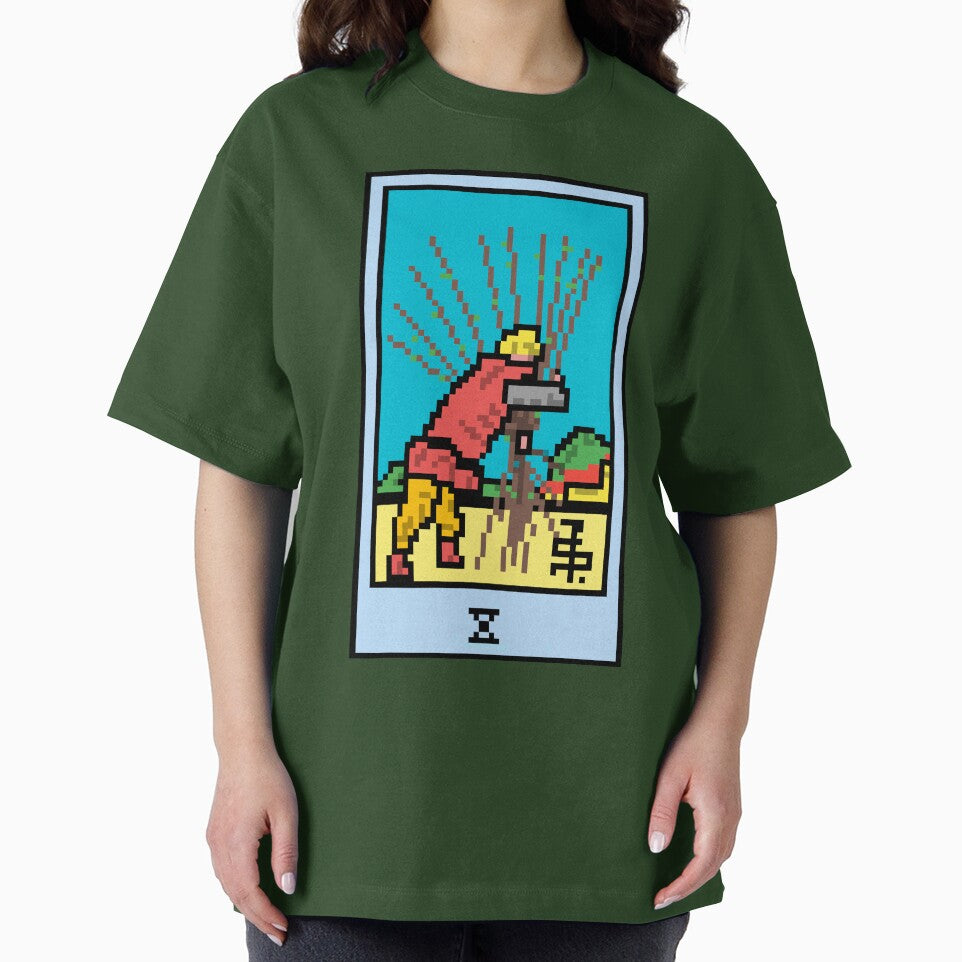 Wait, is this pixel art tarot? Green - Minor Arcana 'Ten of Wands' (Design for T-shirt, stickers and other accessories) by Pixel Waite