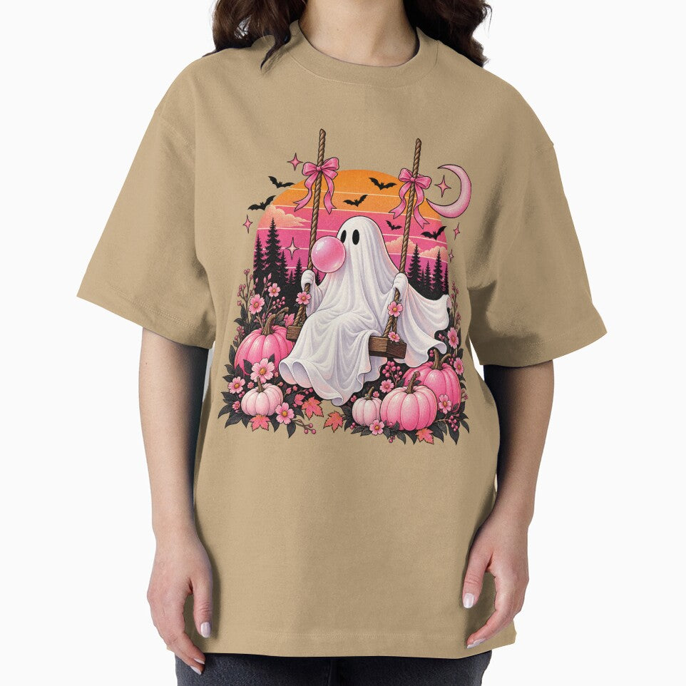 Cute Ghost Blowing Bubble on Swing with Pink Pumpkins by YeddiLoy