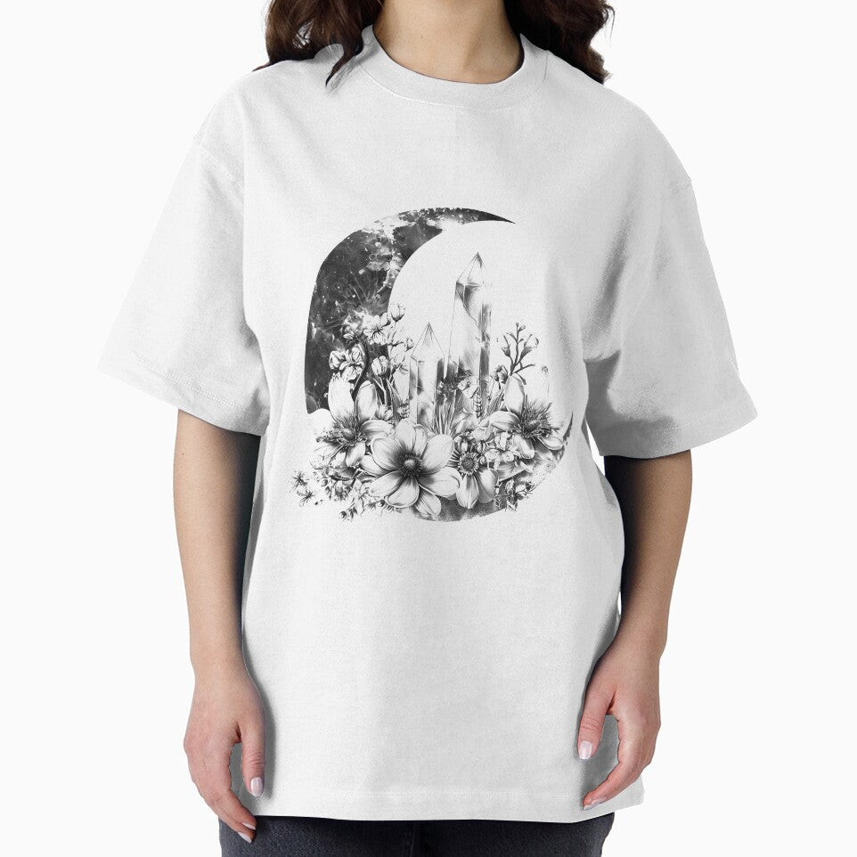 Crystal Moon Garden – Floral Crescent Moon with Quartz (Black & White) by inkoutninja