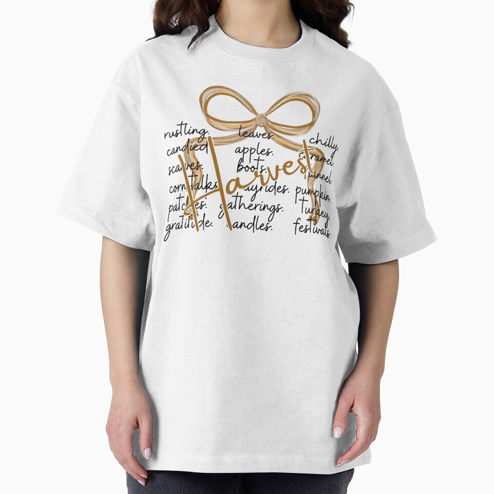 Harvest Word Art – Minimal Fall Design with Autumn Keywords and Gold Ribbon Bow by baucestudio