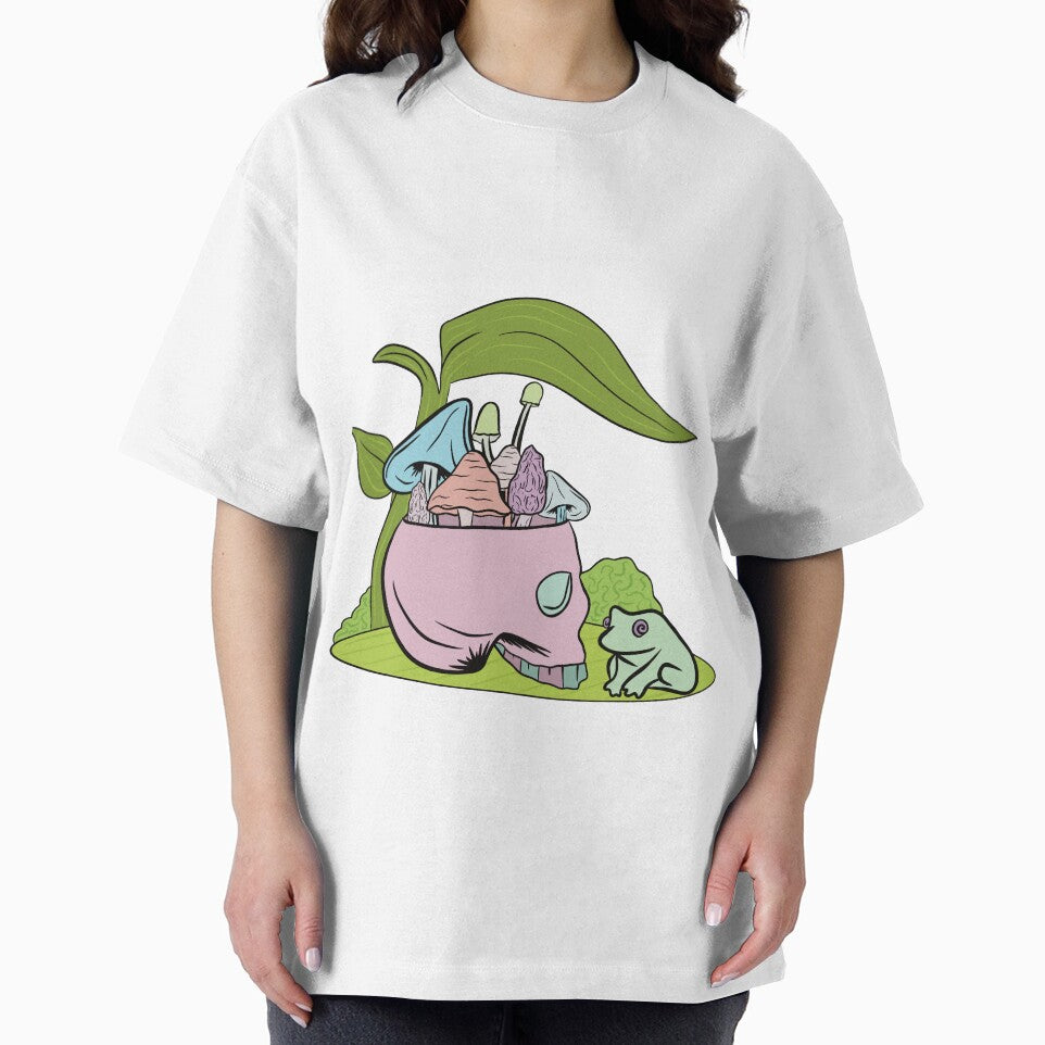 Skull filled with mushrooms chilling with a frog by SugarSaltSpice