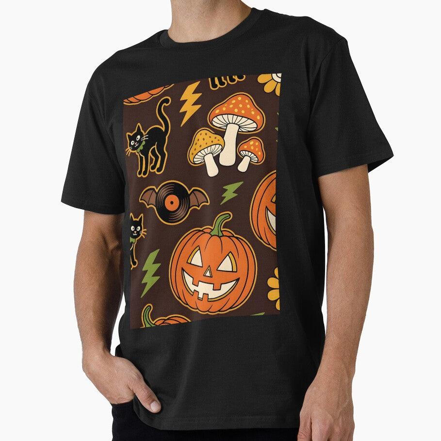Retro 70s Halloween Groove — Jack-o-Lantern Black Cat Mushroom Vinyl Bat Seamless Pattern by Amplify-n-Co