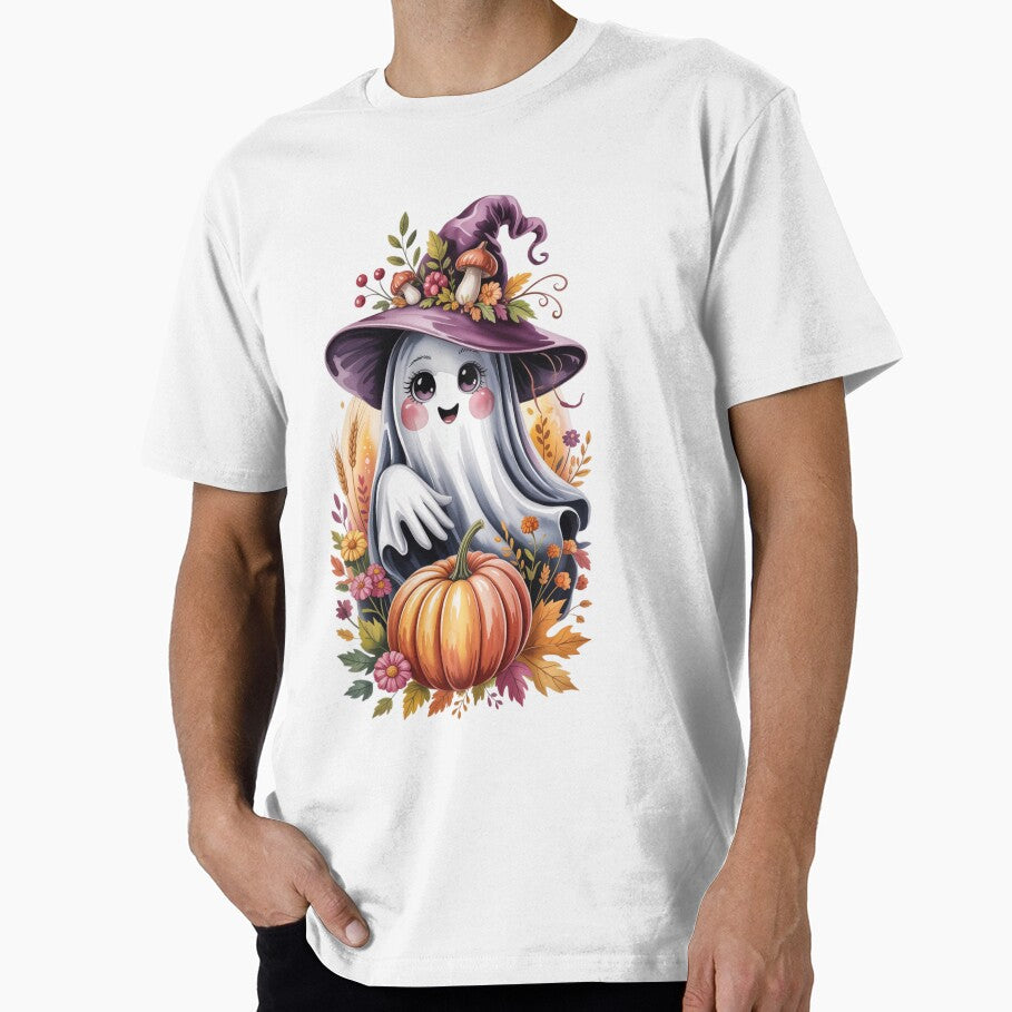 Whimsical Autumn Ghost with Pumpkin and Woodland Flowers – Cozy Fall Illustration T-shirt , sticker by 5CatDesign