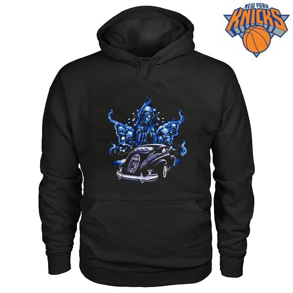 Chicano Art Virgin Mary Airbrush Lowrider Car Blue Flames Smoke Graphic Shirt Unisex