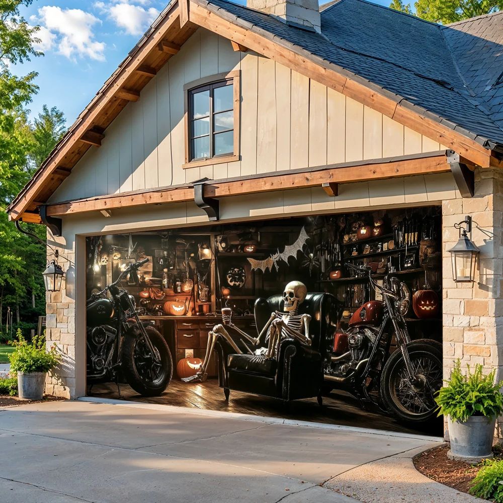 Spooky Skeleton Motorcycle Halloween Garage Door Banner