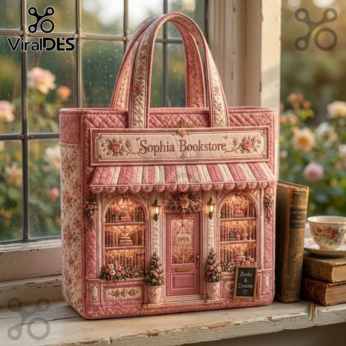 Sophia Bookstore Pink Quilted Book Lover Tote Bag