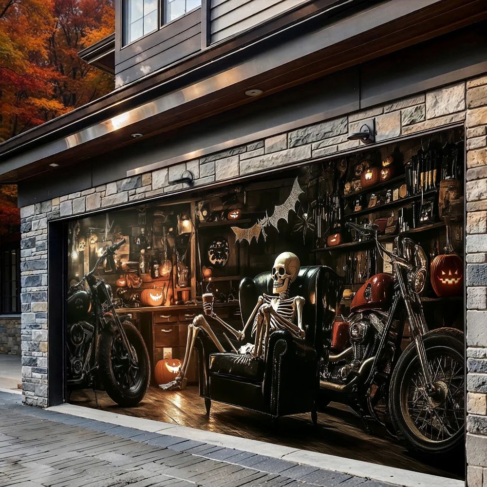 Spooky Skeleton Motorcycle Halloween Garage Door Banner