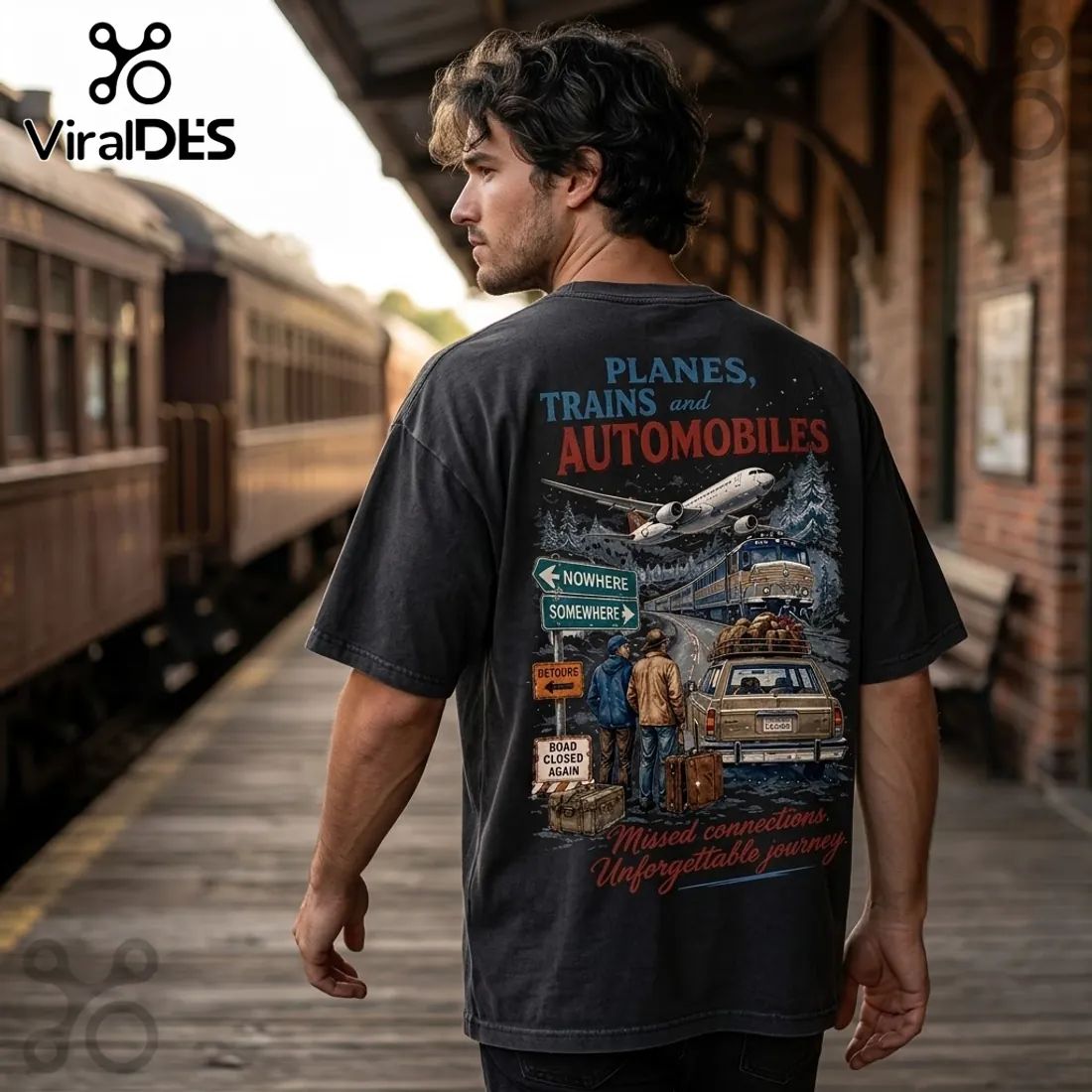 Planes Trains and Automobiles Charcoal Cotton T-Shirt
