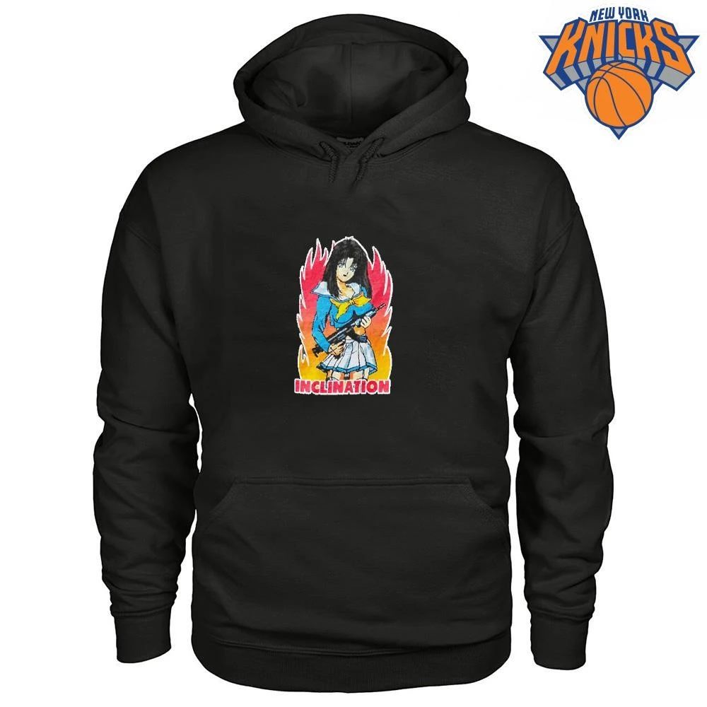Inclination Anime Girl With Weapon On Fire Graphic Shirt Unisex