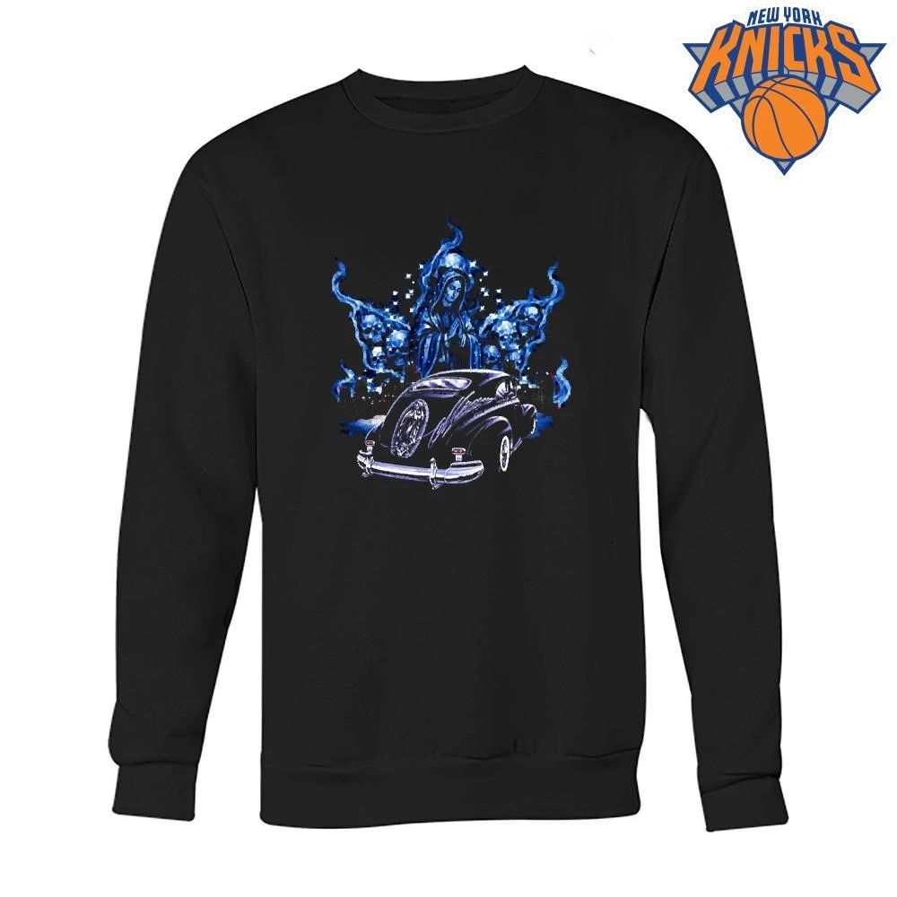 Chicano Art Virgin Mary Airbrush Lowrider Car Blue Flames Smoke Graphic Shirt Unisex