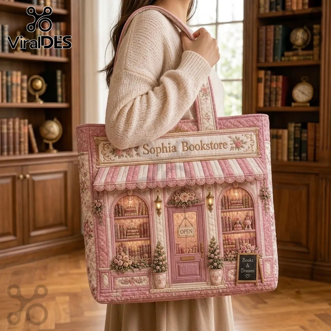 Sophia Bookstore Pink Quilted Book Lover Tote Bag