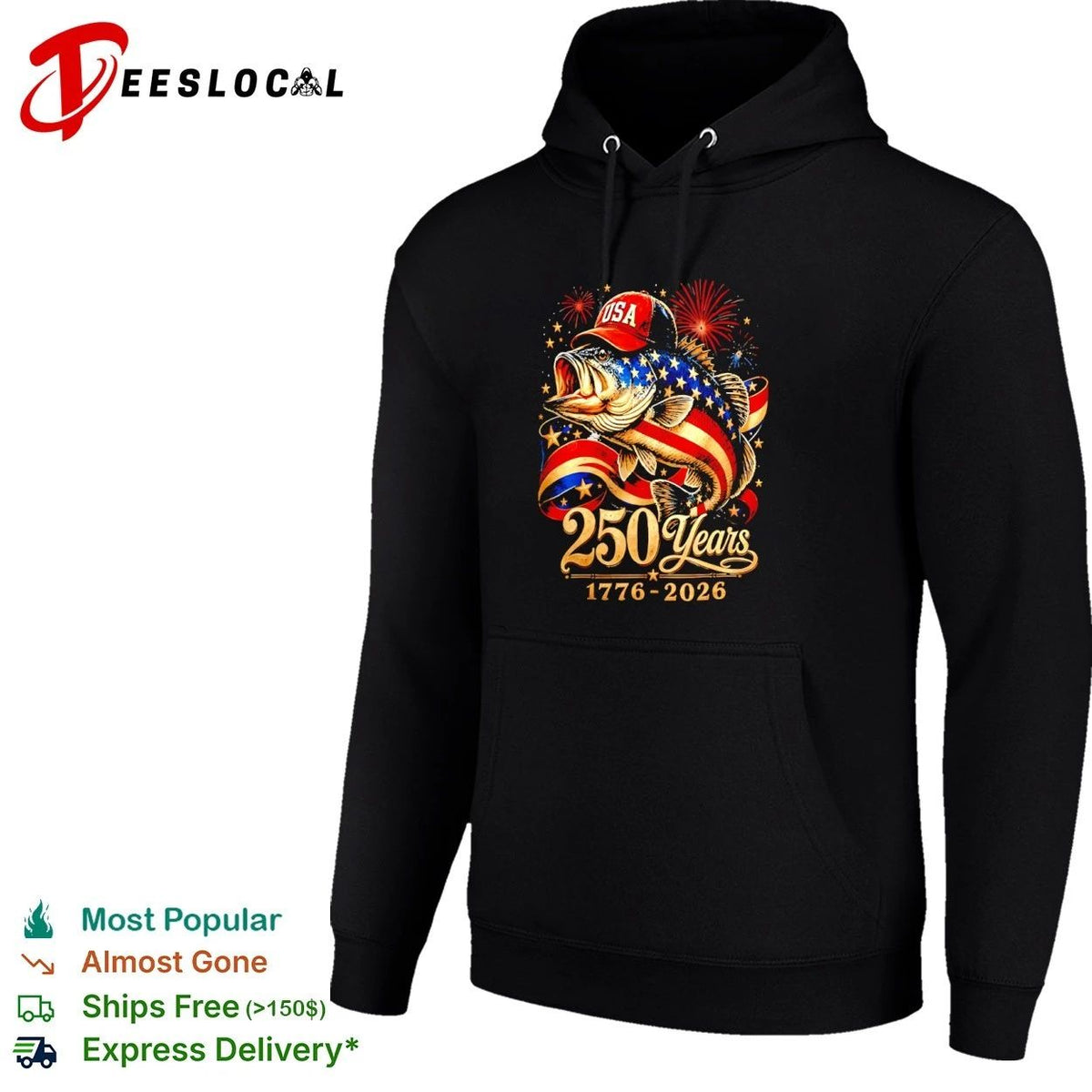 USA 250 Years 1776-2026 Patriotic Bass Fishing American Flag Unisex