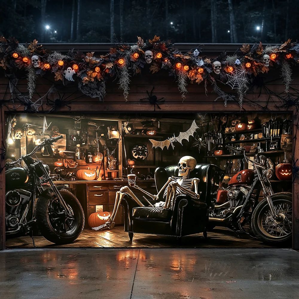 Spooky Skeleton Motorcycle Halloween Garage Door Banner