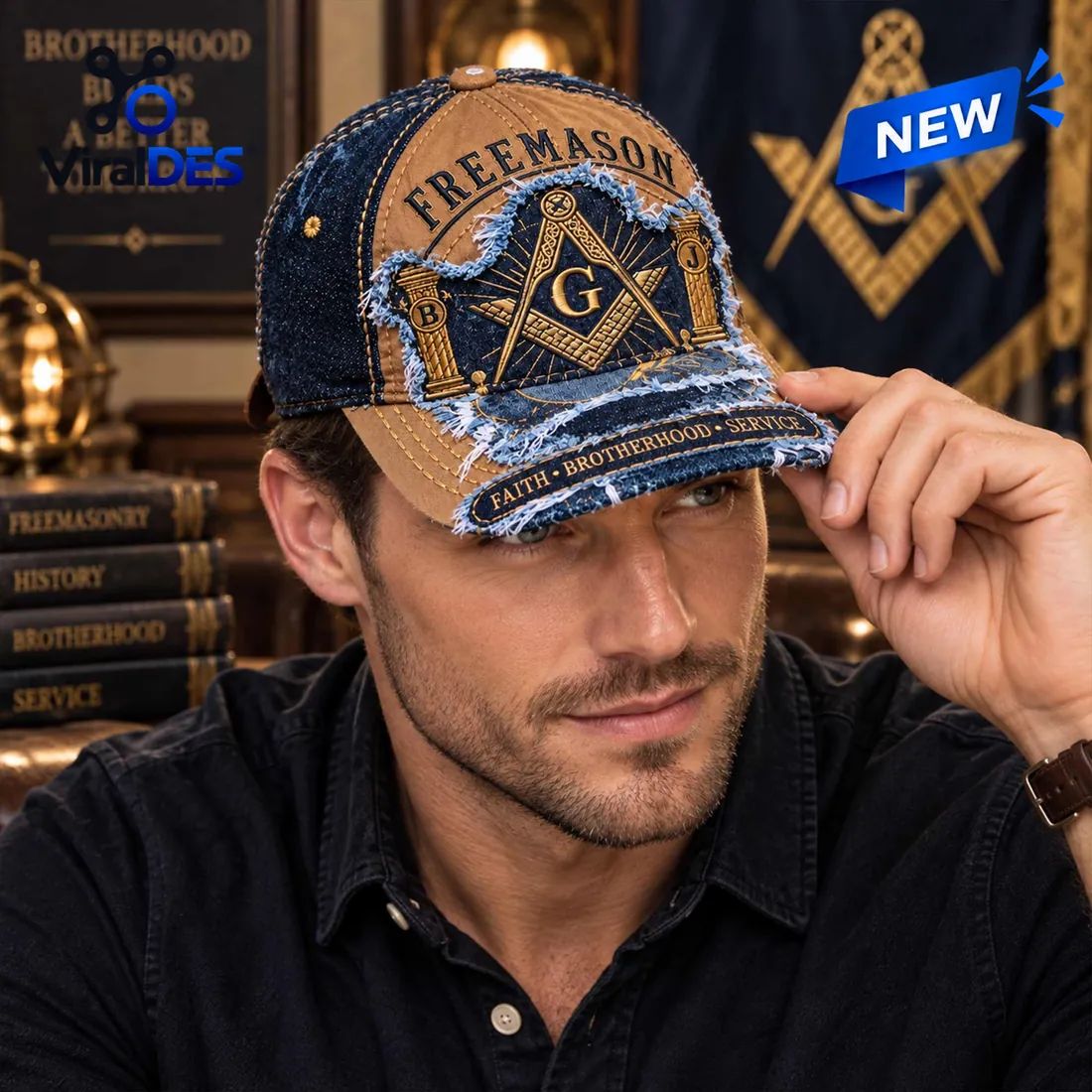 Freemasonry Embroidered Denim Distressed Baseball Cap